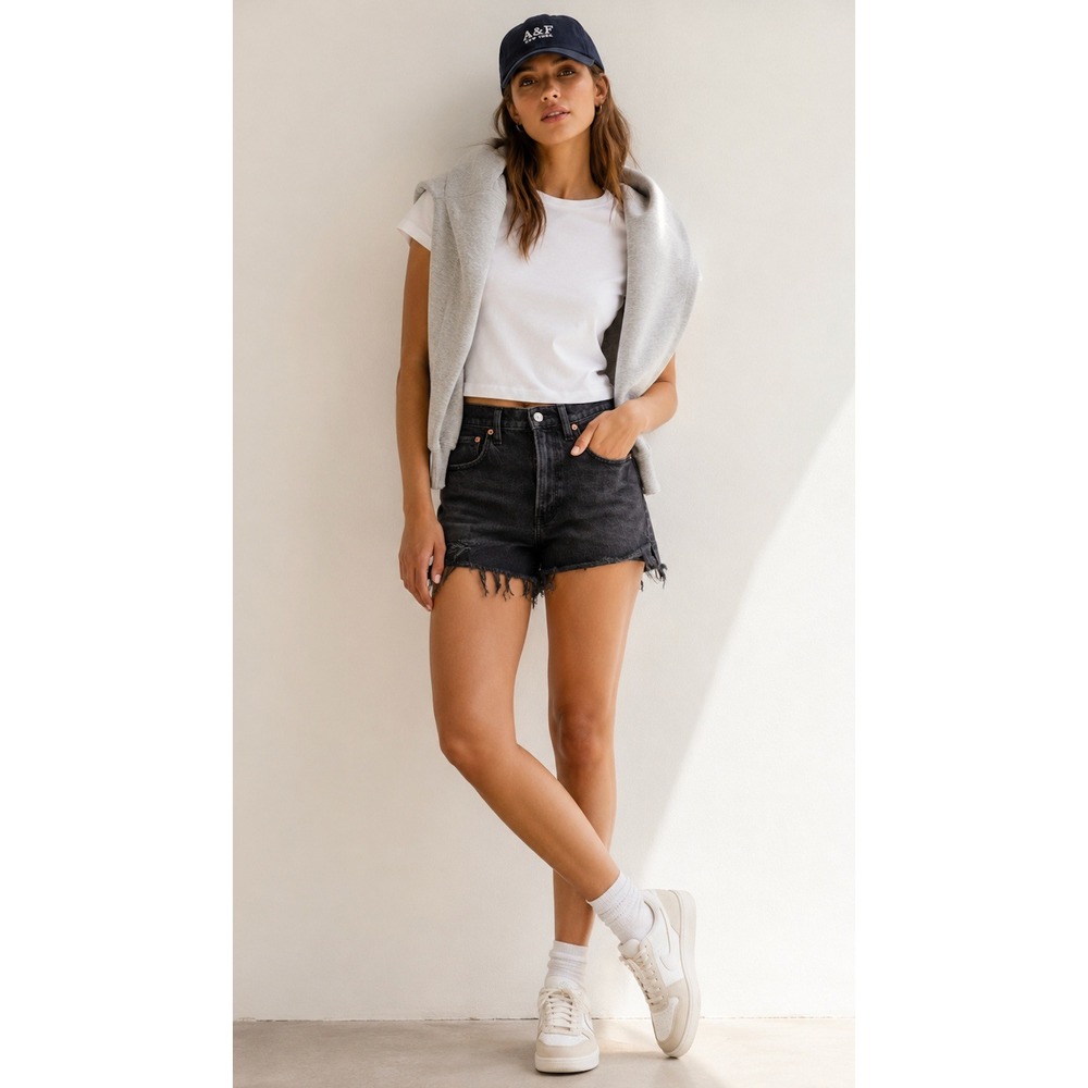 Abercrombie Curve Love High Rise Cutoff Shorts Distressed Black 26